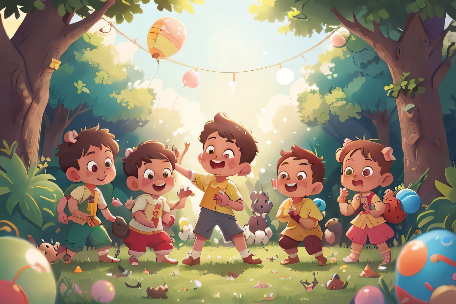 A boy, cute, playing with other boys and girls different ethnicities or races ball, many balloons, happy, happy, perfect quality, clear focus (clutter - home: 0.8), (Masterpiece: 1.2) (Realistic: 1.2) (bokeh) (best quality) ( detailed skin: 1.3) (intricate details) (8k) (eyes detail) (sharp focus), (happy)On a fabulous and unusual surreal background, trees, animals (deer, bear, squirrels, rabbits), friendly, illustration,