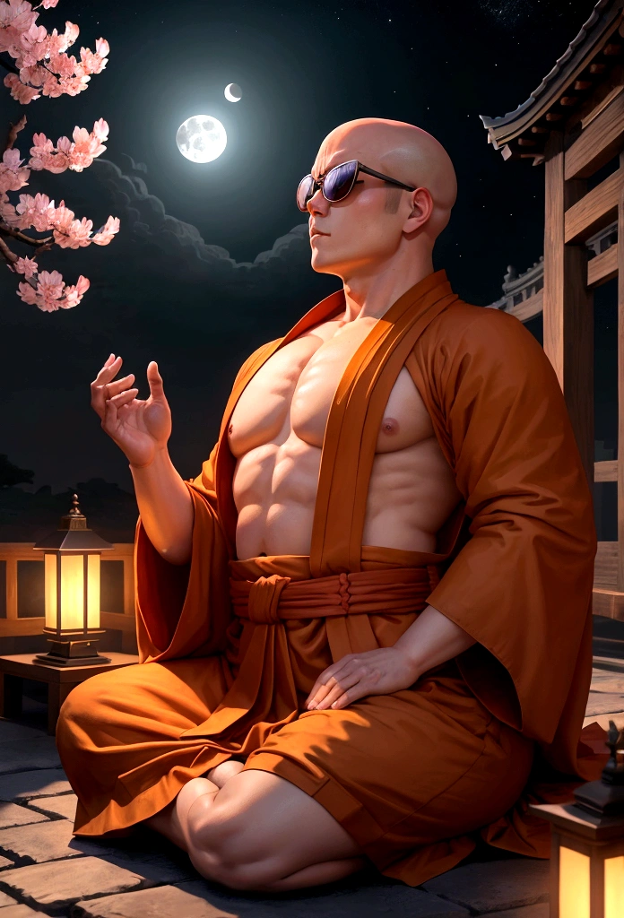 A monk is meditating, Cherry blossom garden at night, Full moon and lotus, close your eyes、The Buddha is watching、One Punch Man who gained some weight、sunglasses、Real、4K