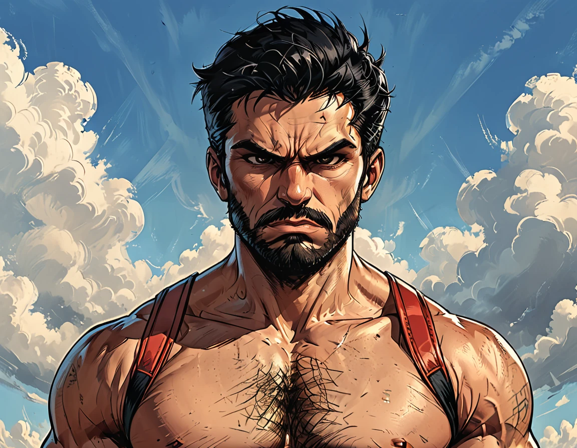 angry portrait of a man in the sky,  ((blue sky)), ((cloud)),backpack straps, man, Adult, Italian, Mesomorph Muscular body, perfect Olive skin, short Muscular neck, Rectangle faces, broad Muscular shoulders, Attached  Cupped Symmetrical Ears, Low Forehead, black short combed back hair, Fleshy nose, Bold Tapered black Eyebrows, High Angular Symmetrical Prominent Cheekbones, Heart-Shaped Cheeks, triangular Chin, Angular jawline, brown Upturned eyes, Thin nude Lips, Designer Stubble black whiskers, triangular black hair beard, big muscles,  graphic style of novel comics style,dark novel style, comic style, 2d, 8k, hyperrealism, masterpiece, high resolution, best quality, ultra-detailed, super realistic, Hyperrealistic art, high-quality, ultra high res, highest detailed, lot of details, Extremely high-resolution details, incredibly lifelike, colourful, soft cinematic light,