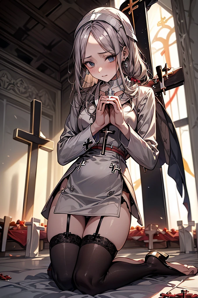 ((Biologically correct limb count))、(( Full-body photo including face))、4K、((Standing position))、masterpiece、((Focus on the face))、((Symmetrical facial features))、Eye for detailed depiction、Beautiful blue-haired woman、Excellent style、Beautiful clavicle、Beautiful feet、Beautiful Hands、Slender body、(Patent leather blazer、skirt、Colored Stockings、garter belt、High heels)、Facial detailing、Small earrings、necklace、tie、Scenery inside the chapel、((A ray of light pours down))、(Low - Angle、下からskirtの中を撮影するカメラアングル)、Black Hair、Silver Hair、((Embarrassed face)))、((Face forward and stick your chin out))、Close-up photo of the upper body、(Praying before the cross:2)