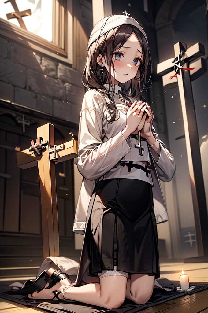 ((Biologically correct limb count))、(( Full-body photo including face))、4K、((Standing position))、masterpiece、((Focus on the face))、((Symmetrical facial features))、Eye for detailed depiction、Beautiful blue-haired woman、Excellent style、Beautiful clavicle、Beautiful feet、Beautiful Hands、Slender body、(Patent leather blazer、skirt、Colored Stockings、garter belt、High heels）、Facial detailing、Small earrings、necklace、tie、Scenery inside the chapel、((A ray of light pours down))、(Low - Angle、下からskirtの中を撮影するカメラアングル)、Black Hair、Silver Hair、((Embarrassed face)))、((Face forward and stick your chin out))、Close-up photo of the upper body、(Praying before the cross:2)