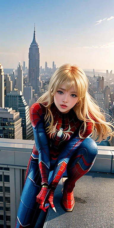 Highest quality、8K、One Woman、front、The whole body is shown、Wearing a Spider-Man suit、Real Face、Blonde、Blue Eyes、beautiful、20代beautifulの女性、Looking at the city from the rooftop of a building