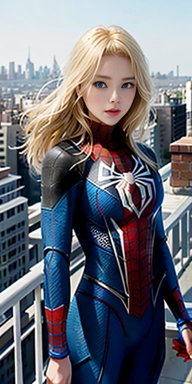Highest quality、8K、One Woman、front、The whole body is shown、Wearing a Spider-Man suit、Real Face、Blonde、Blue Eyes、beautiful、20代beautifulの女性、Looking at the city from the rooftop of a building