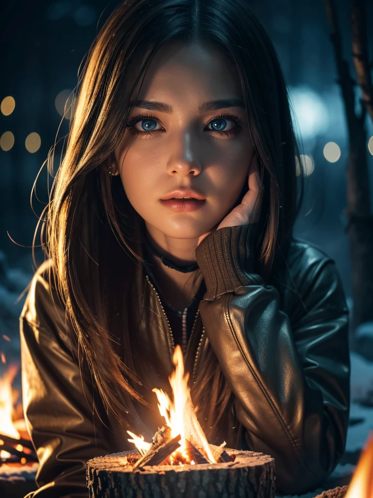 a woman with severe injuries sitting near a campfire in a destroyed snowy cityscape, beautiful detailed eyes, beautiful detailed lips, extremely detailed eyes and face, long eyelashes, beautiful female portrait, trending on artstation, 8k, best quality, ultra-detailed, realistic, photorealistic, HDR, UHD, studio lighting, ultra-fine painting, sharp focus, physically-based rendering, extreme detail description, professional, vivid colors, bokeh, cinematic lighting, dramatic, moody, dark, somber