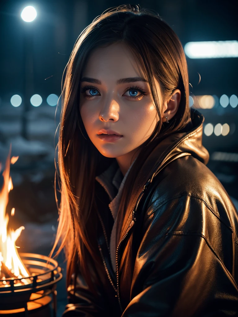 a woman with severe injuries sitting near a campfire in a destroyed snowy cityscape, beautiful detailed eyes, beautiful detailed lips, extremely detailed eyes and face, long eyelashes, beautiful female portrait, trending on artstation, 8k, best quality, ultra-detailed, realistic, photorealistic, HDR, UHD, studio lighting, ultra-fine painting, sharp focus, physically-based rendering, extreme detail description, professional, vivid colors, bokeh, cinematic lighting, dramatic, moody, dark, somber