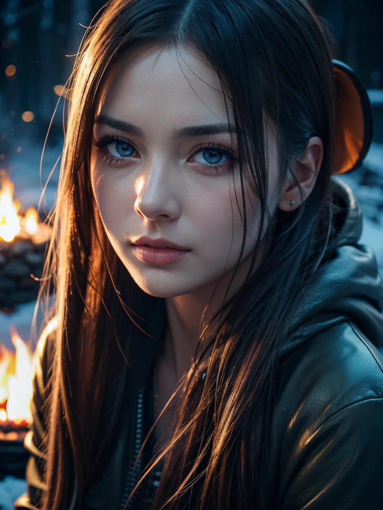 a woman with severe injuries sitting near a campfire in a destroyed snowy cityscape, beautiful detailed eyes, beautiful detailed lips, extremely detailed eyes and face, long eyelashes, beautiful female portrait, trending on artstation, 8k, best quality, ultra-detailed, realistic, photorealistic, HDR, UHD, studio lighting, ultra-fine painting, sharp focus, physically-based rendering, extreme detail description, professional, vivid colors, bokeh, cinematic lighting, dramatic, moody, dark, somber