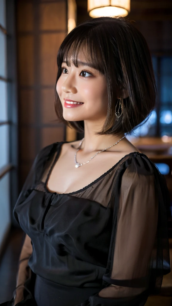 (Highest quality, 8K, 32k, masterpiece, Ultra-high resolution:1.2),Beautiful Japanese Women Photos, standard body type、(D cup breasts:1.4), Very short bob hair,Upper Body,Face Focus,(black formal blouse:1.4)、(Black ruffled blouse:1.6),(Pearl Necklace:1.4), (Midnightの工場事務室:1.6), The viewer is looking at her from the side, Observe the audience、(smile:1.3)、(教会の薄Dark Room:1.6)、(Only candlelight:1.5)、Dark Room、Midnight