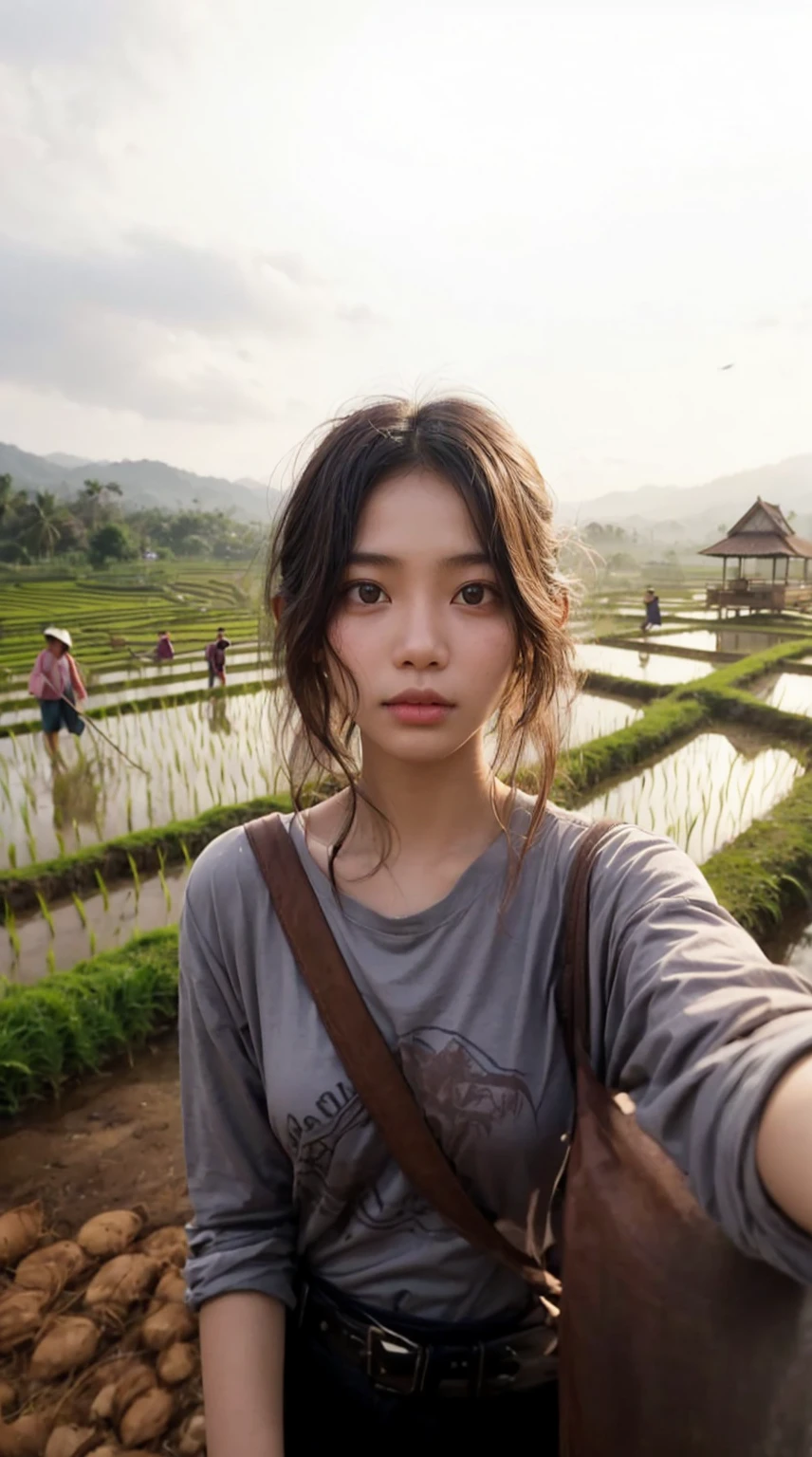 Realistic selfie photo of a 18-year-old Indonesian girl with messy hair, wearing a long-sleeve shirt, carrying a shoulder bag. The background features a rural rice field with people plowing, a gazebo for resting, scarecrows, and village at distance. The sky is clear, it's a bright morning in Indonesia. UHD. Masterpiece.
