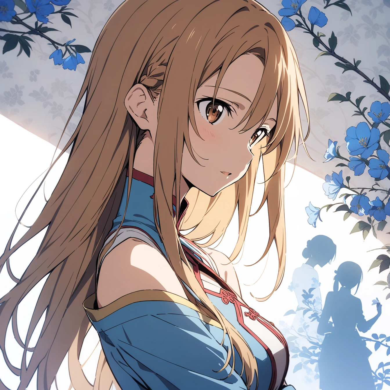 masterpiece,best quality,1 girl, asuna \(STAR\), Sword Art Online,very beautiful,Chinese style,Guild clothing,Oriental wallpaper,flower,blue tint,Natural light,soft light,White background,shadow,brown hair,The character is in the middle of the picture,Half body,Off the shoulders
