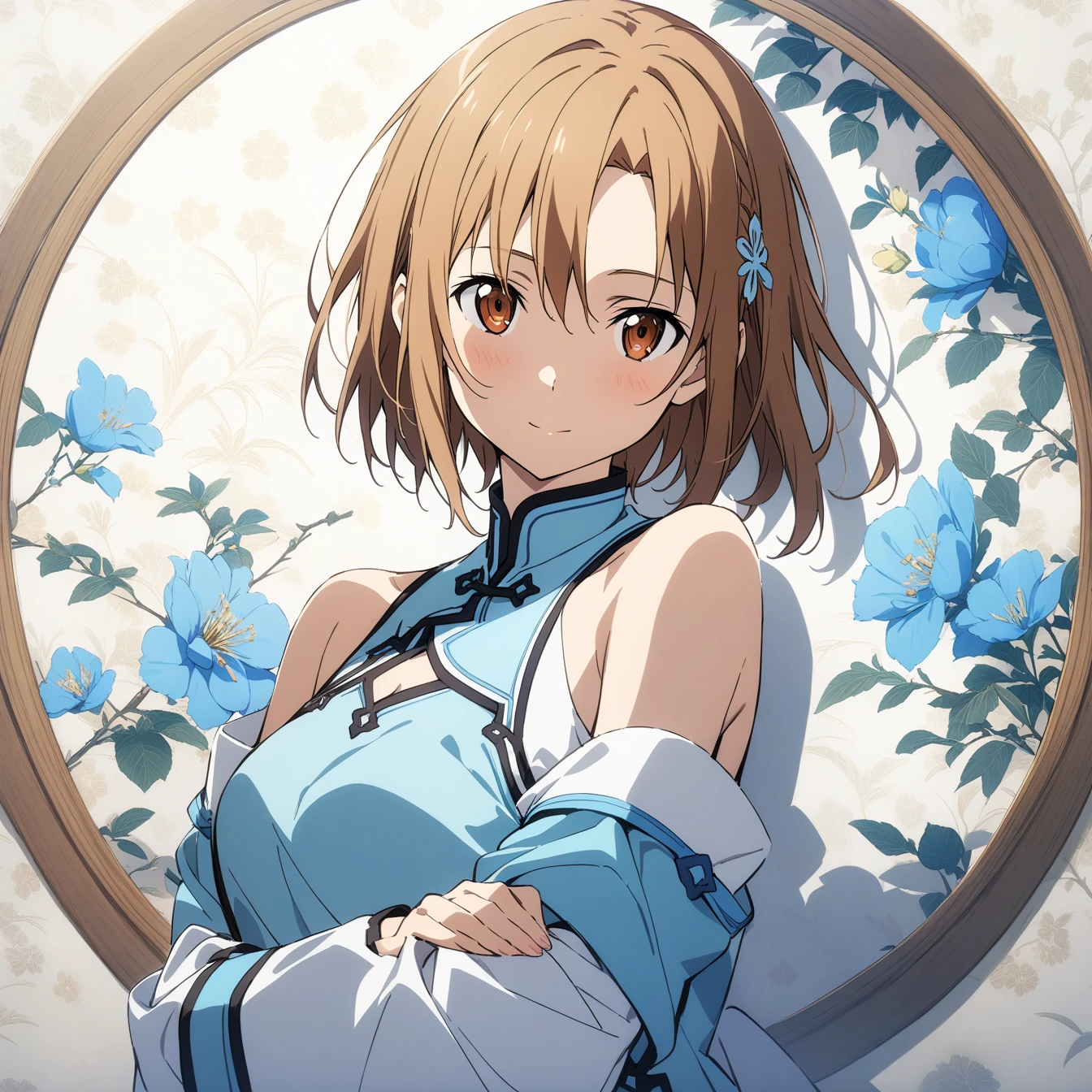 masterpiece,best quality,1 girl, asuna \(STAR\), Sword Art Online,very beautiful,Chinese style,Guild clothing,Oriental wallpaper,flower,blue tint,Natural light,soft light,White background,shadow,brown hair,The character is in the middle of the picture,Half body,Off the shoulders