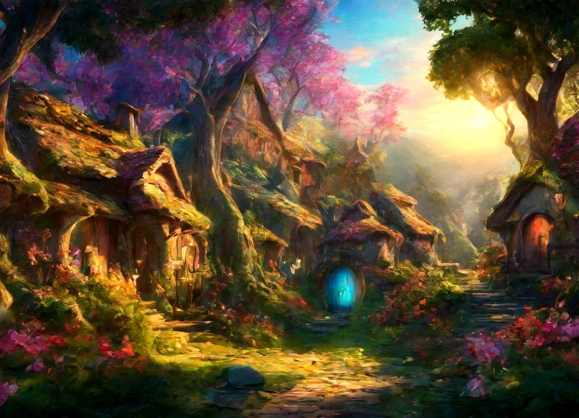 A breathtaking, high-contrast cinematic 8K 3D Disney-style rendering, of a fairy-tale village nestled in a lush forest with dens , . The dens are build in the middle of ancient trees giving then fresh air and shadow. Around the dens, ancient trees and gardens full of multicolored flowers