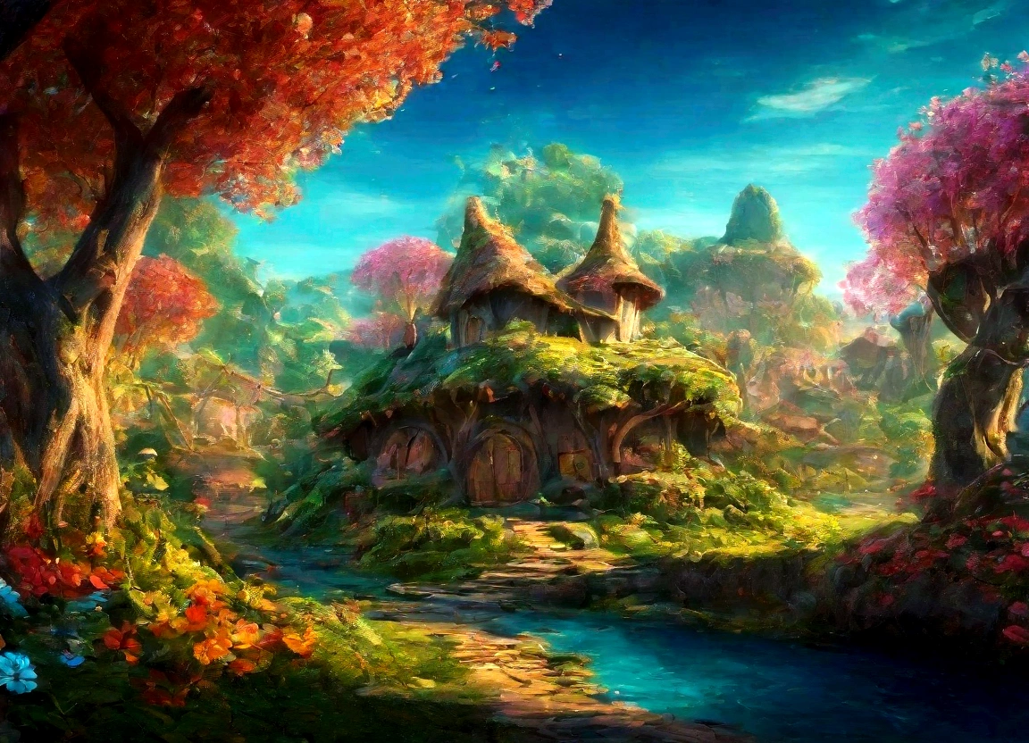 A breathtaking, high-contrast cinematic 8K 3D Disney-style rendering, of a fairy-tale village nestled in a lush forest with dens , . The dens are build in the middle of ancient trees giving then fresh air and shadow. Around the dens, ancient trees and gardens full of multicolored flowers