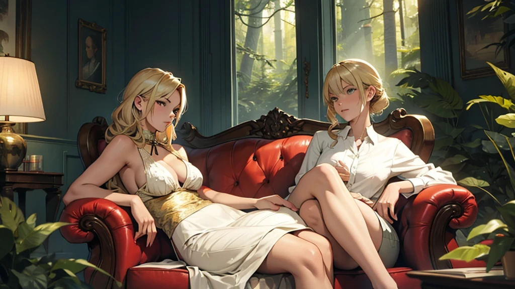 blonde woman sitting on a sofa inside the house in the forest