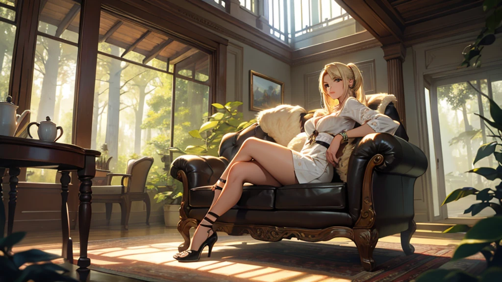 blonde woman sitting on a sofa inside the house in the forest
