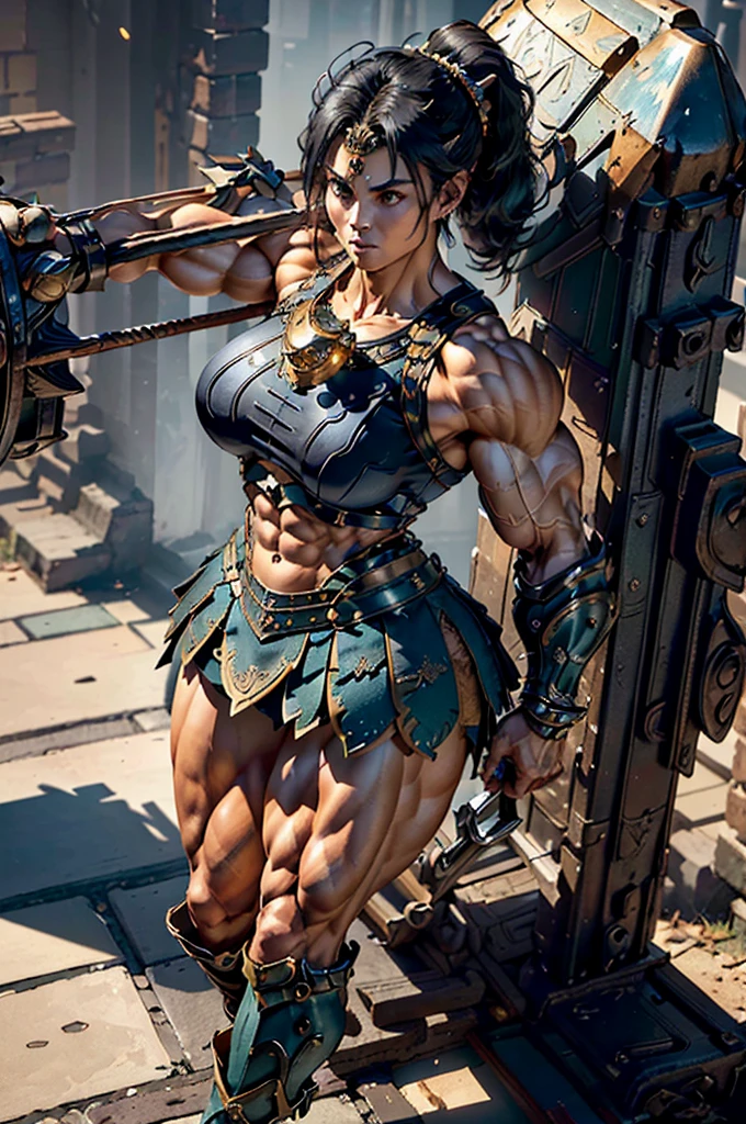 (Best lighting) , (Very intricate details) , 4K Integration, (Super fine CG: 1.2) , (8K: 1.2),(original), (masterpiece) , (Highest quality),(masterpiece:1.4),((Full images))、Photo quality,(masterpiece),masterpiece, Highest quality, Absurd,((Masterpiece, 4K, 8K, High resolution)),(masterpiece), (Highest quality), (Super detailed), (Very delicate and beautiful), ((Full body image 1:1.5)), 1 female, The face of a 40-year-old Western woman、A beautiful, well-balanced face、 ((A woman with a muscular body like a male bodybuilder)),((Huge muscular physique))、((A 200cm tall woman))、((Beautiful woman)),((Woman warrior)),45 year old mature woman, Wearing Valkyrie Metal Armor、 (Sleeveless Armor)、((Metal armor that resembles a thick chest and abdominal muscles))、((Metal armor covering the upper body))、mini skirt、Valkyrie's Helmet、Very strong legs、((Long boots with pin heels))、((kneehigh 、Medieval streetscape,Strength and elegance,Solemn atmosphere,((The Queen's Appearance))、((The Strongest Queen of Mankind))、(Huge muscular physique),((Protruding veins))、((A woman with a toned chest like a male bodybuilder))、Raised trapezius muscle、very thick neck、((Strong arms with bulging biceps))、A muscular chest、Six-pack、((Thick thighs with bulging muscles))、Exposed thighs、((Bicep-like calf muscles))、Overflowing with incredible strength、Muscles bulging out from under the force of force all over the body、Black Hair、ponytail、A commanding presence,Poses that show off their monstrous power,Model standing、Standing with dignity、Vibrant colors,Down to the smallest thread,Impressive level textures,Sharp focus,Rich and realistic backgrounds,Magnificence and grandeur,((A strong Valkyrie captain)),((A powerful Valkyrie captain)),