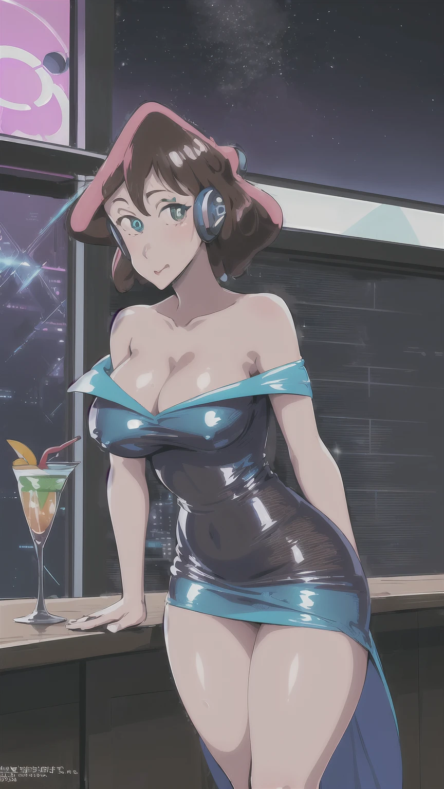 (NSFW), Misae Nohara, full body, thick thighs, hourglass figure, half naked, Looking at the viewer with seductive eyes, Misae Nohara, exposed breasts, 1girl, solo, ((wearing a blue sequin dress, looking at the viewer, holding a martini glass)), sci-fi, digital art, futuristic coloring, vibrant lighting, (Background: Indoors, night club, bar, neon lights, futuristic, Sci-Fi, cyberpunk theme, futuristic technology in the background), brown black hair, hard nipples, exposed vagina, best quality, highres, bbyorf, large breasts, off shoulder, no panties, indoors,