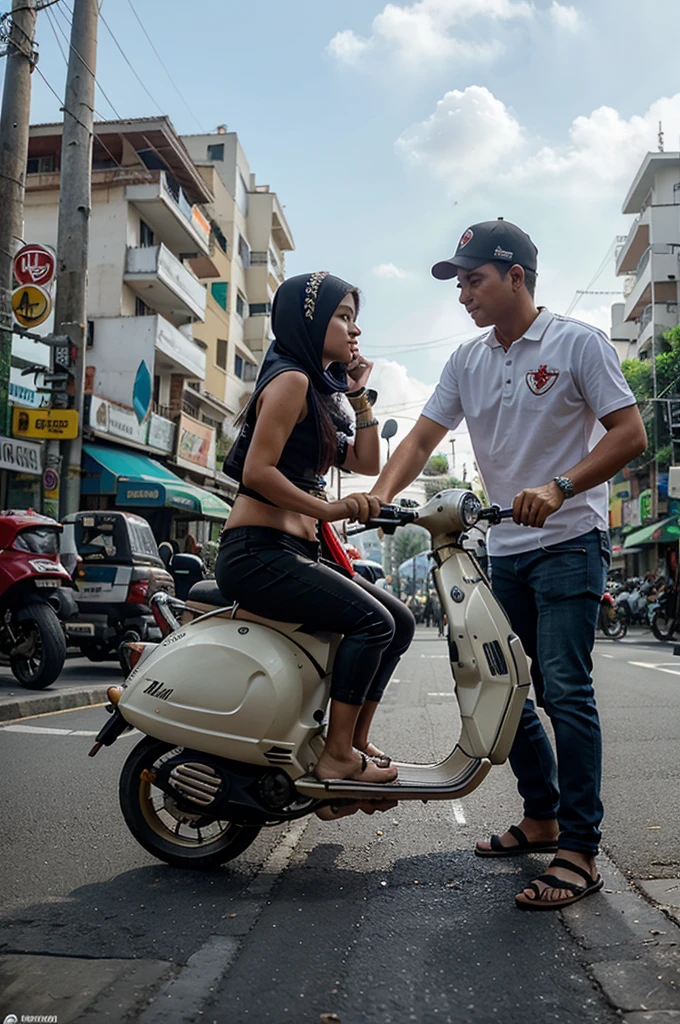 Kari kator indonesia. laki laki indonesia UMR 30 tahun naik vespa di jalan pedesaan pakek kaos putih pakek sandal dan persawahan.
