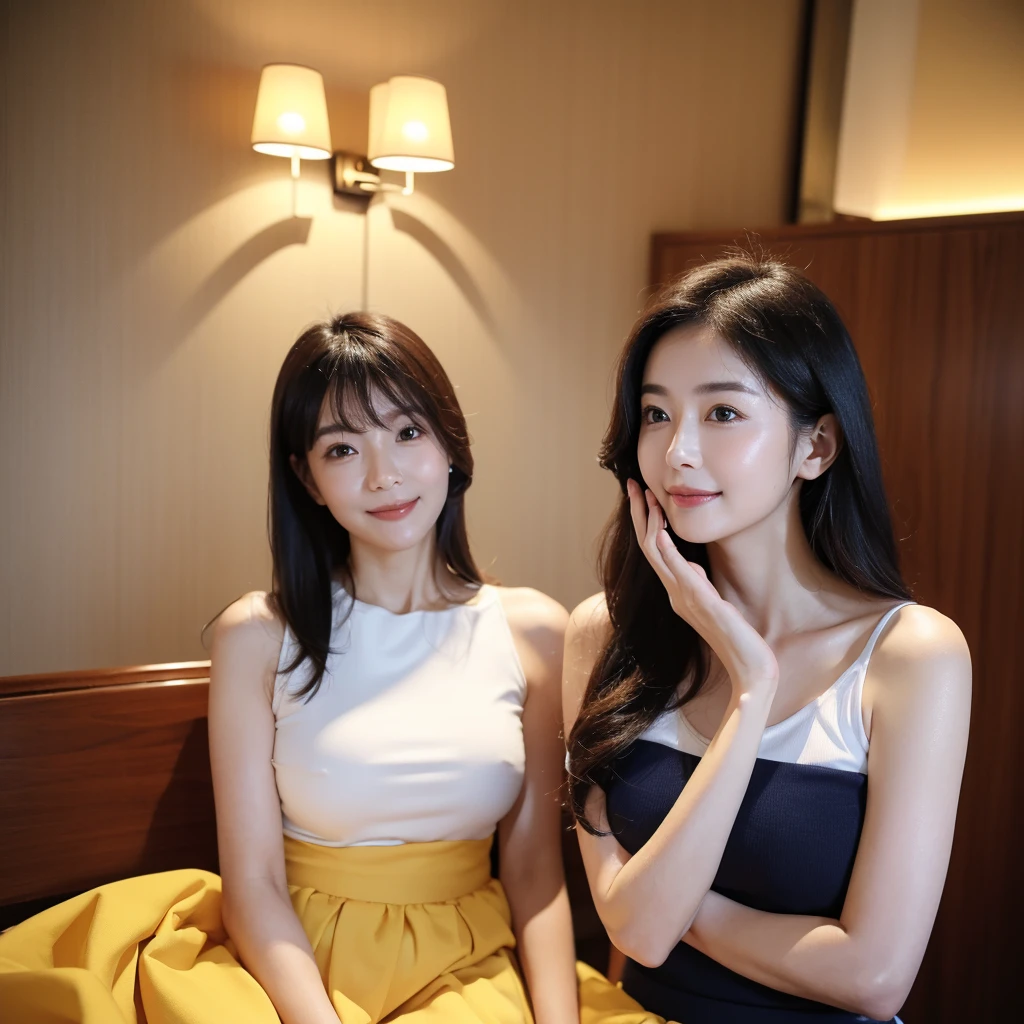 (clone,duplicate,cloned face, identical face:1.5), Two Japan women at the age of 25,((masterpiece, Highest quality, High resolution, Photorealistic, RAW Photos, 8k wallpaper, perfection)), Professional Lighting, Very detailed, Written boundary depth、Perfection and balance, Intimate, lover, Close to each other, (A perfect composition in which a woman fits beautifully into the frame:1.2)、(Accurate anatomy:1.1)、(Soft and plump body), sexy woman, Detailed face, Beautiful Eyes, bangs, Soft and plump breasts, (Classy and elegant plain white sleeveless top:1.1)、(Elegant and ladylike navy plain tight skirt:1.2)、Long Hair, Plump and beautiful lips, ((Looking at the audience, smile))、Upper body photo、Perfect anatomy, Perfection background, Perfection face, Perfection body, Detailed face, (Moody luxury hotel bedroom:1.1)、Romantic and warm lighting at night、