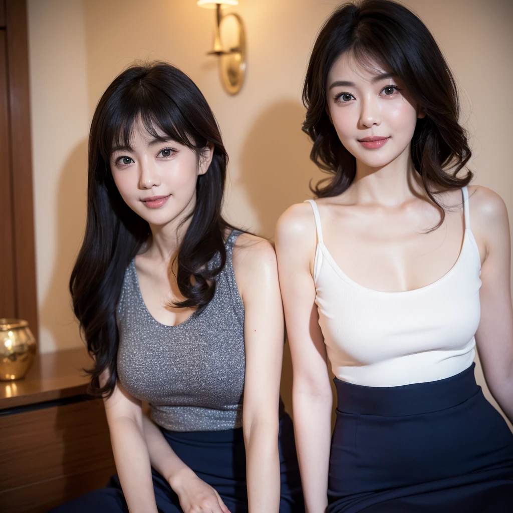 (clone,duplicate,cloned face, identical face:1.5), Two Japan women at the age of 25,((masterpiece, Highest quality, High resolution, Photorealistic, RAW Photos, 8k wallpaper, perfection)), Professional Lighting, Very detailed, Written boundary depth、Perfection and balance, Intimate, lover, Close to each other, (A perfect composition in which a woman fits beautifully into the frame:1.2)、(Accurate anatomy:1.1)、(Soft and plump body), sexy woman, Detailed face, Beautiful Eyes, bangs, Soft and plump breasts, (Classy and elegant plain white sleeveless top:1.1)、(Elegant and ladylike navy plain tight skirt:1.2)、Long Hair, Plump and beautiful lips, ((Looking at the audience, smile))、Upper body photo、Perfect anatomy, Perfection background, Perfection face, Perfection body, Detailed face, (Moody luxury hotel bedroom:1.1)、Romantic and warm lighting at night、