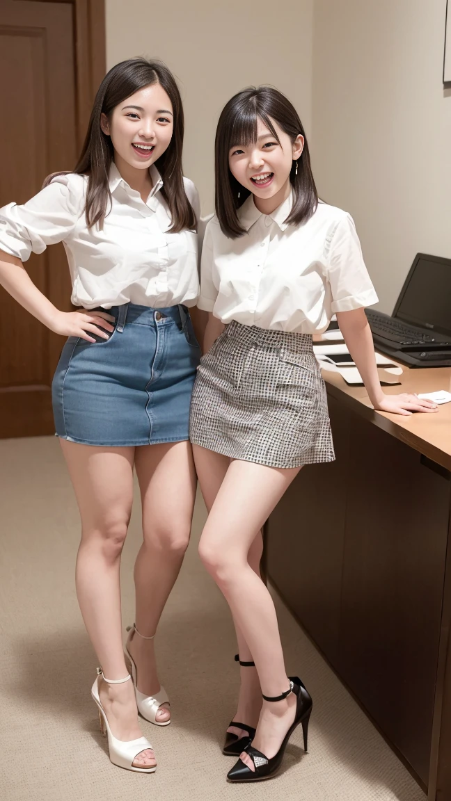 (Highest quality, masterpiece, Photo Real, Super detailed, Ultra-high resolution, born:1.3), (Two women laughing at the camera), beautiful, Japanese, 20-year-old, (mini skirt), (Looking at the camera and laughing with his mouth wide open), high waist, office, (Long legs, High heels, whole body:1.2),(Top view:1.2)