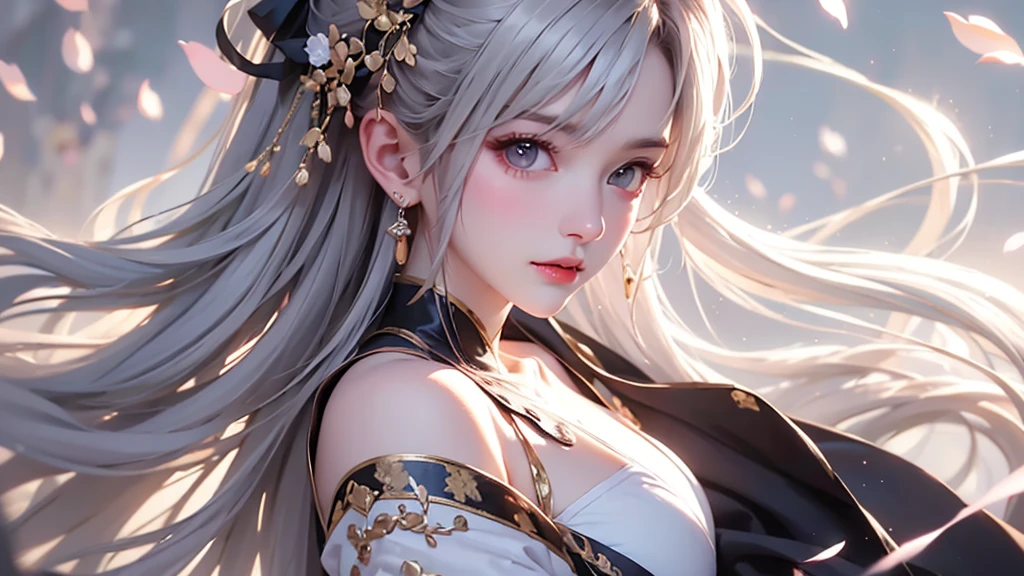 super high quality, masterpiece, Perfect illustration, Very detailed (Exquisite light and shadow, Very dramatic photo,Backlight) , ((Gray Hair:1.5))1 Girl,(( alone:1.6)), (Wearing Han clothes, Black and white Hanfu,Monotony,Long sleeve) Flower Field, Flowers, (White smoke:1.3) (Realistic:1.4), Zen Intertwining, Tangled, Official Art, unity 8k wallpaper, Very detailed, Beautiful and beautiful, masterpiece, Highest quality, (Dynamic Angle: 1.4), Glowing Skin, (Floating colorful flashes: 1) The most beautiful chaotic shapes, elegant, Brutalist Design, Bright colors, Romantic Depth of Field Exotic_dance, half_naked、Expose your shoulders、Ample breasts、Great cleavage、
