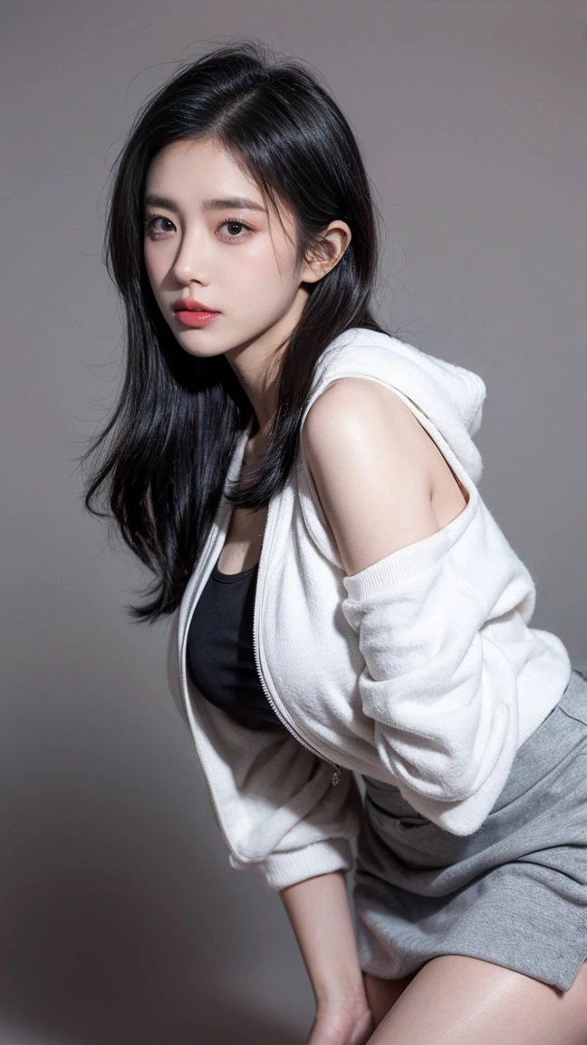 21 yo girl, (stand pose), (Over-the-Shoulder Look), (wear black bomber hoodie), (wear white skirt), (detailed face), brown black hair, long hair, plumpy body, cleavage, thigh. narutal big breast, (cloth colors based on black and white), (gray background), gray background, soft light, photorealistic, high resolution, facing away from the audience