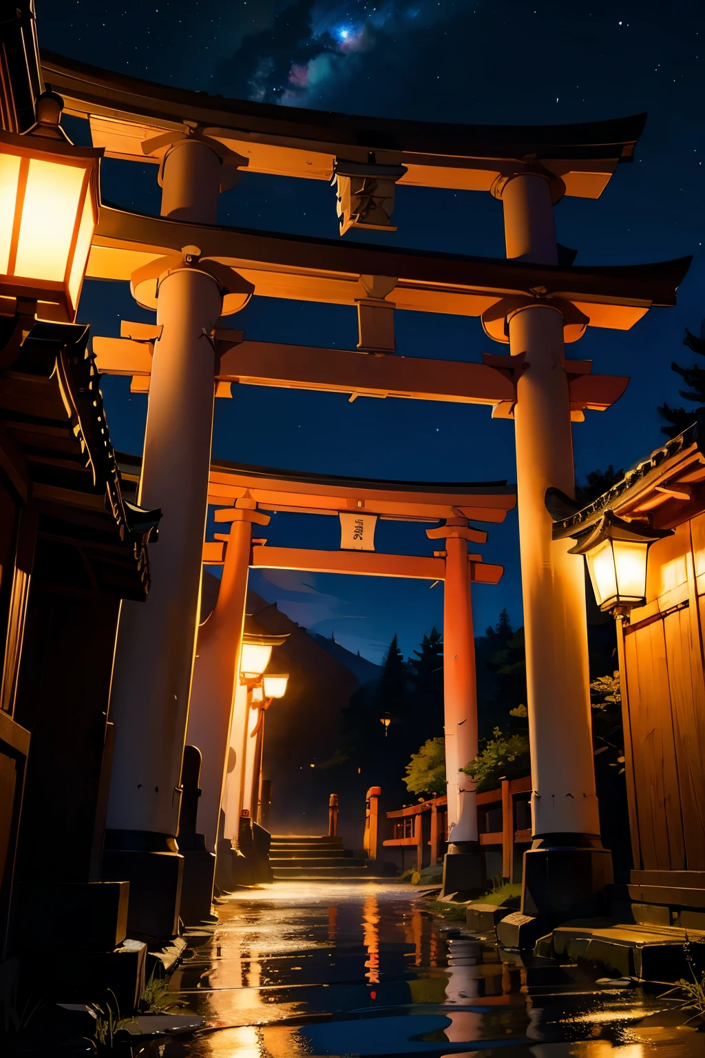 white haired shrine maiden,A faceless back view ,up,Upper Body,torii ,Night Sky,High resolution, High resolution, 8K, Masterpiece 2:1,( Shrines in Kyoto、star)、