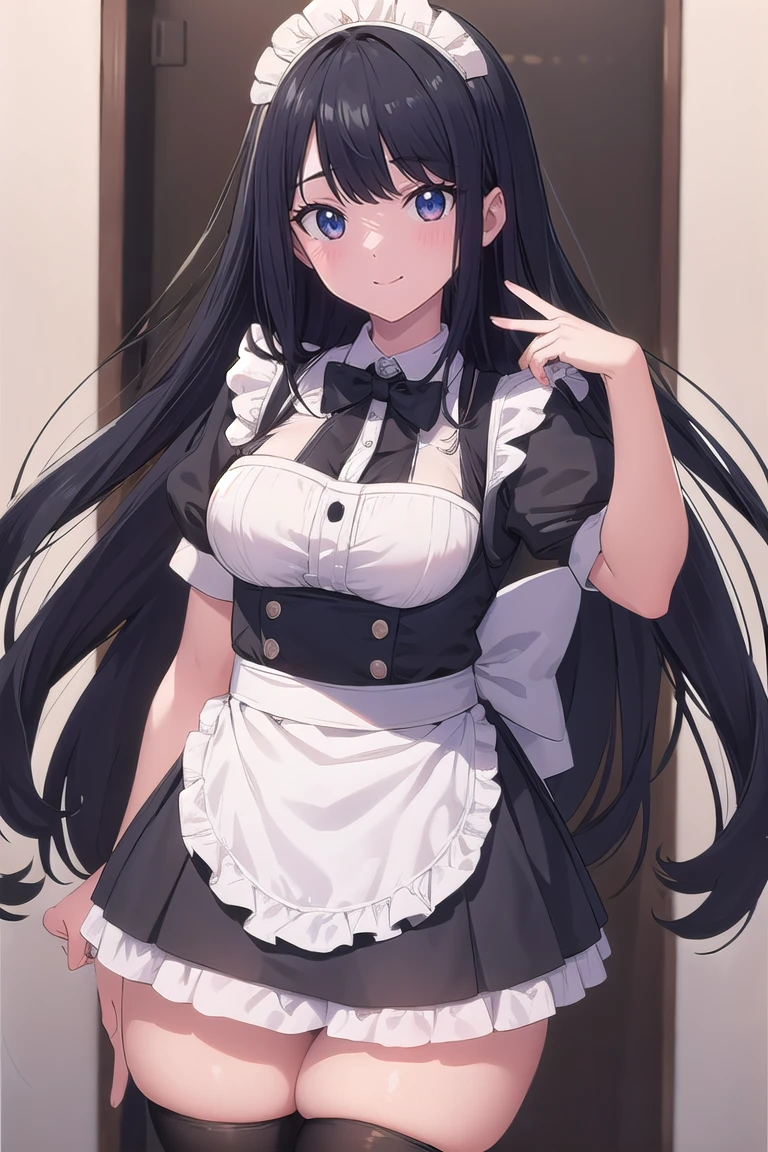 Black Skirt、Accentuated thighs、White tights、chest、Black Hair、1 girl、solo girl、Thick thighs、hand on own chest、smile、maid　custom