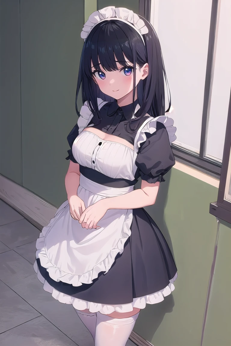 Black Skirt、Accentuated thighs、White tights、chest、Black Hair、1 girl、solo girl、Thick thighs、hand on own chest、smile、maid custom