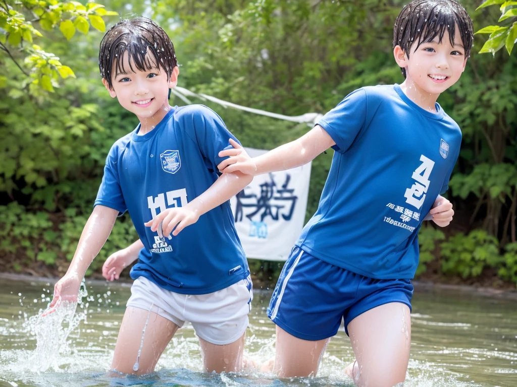 In the forest、Swimming in the river、Cool and refreshing water、Cute elementary school boy、10Year old boy、Boy in gym clothes、The bottom of the white T-shirt is blue、Blue shorts、The boys are playing、Get wet all over、Noisy boys、Splashing Water、Japanese、(Boy 1.4)