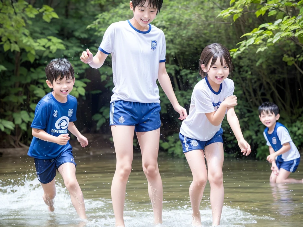 In the forest、Swimming in the river、Cool and refreshing water、Cute elementary school boy、１０Year old boy、Boy in gym clothes、The bottom of the white T-shirt is blue、Blue shorts、The boys are playing、Get wet all over、Noisy boys、Splashing Water、Japanese、（Boy 1.4）
