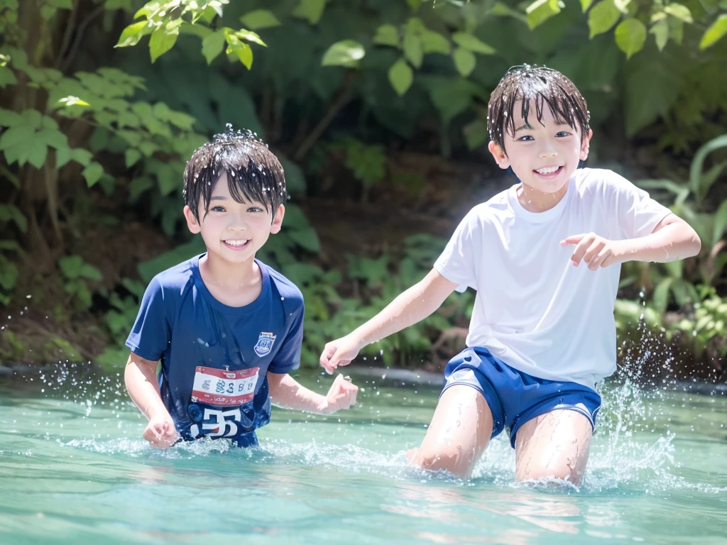 In the forest、Swimming in the river、Cool and refreshing water、e eleYear old boy、Boy in gym clothes、The bottom of the white T-shirt is blue、Blue shorts、The boys are playing、Get wet all over、Noisy boys、Splashing Water、Japanese、(Boy 1.4)