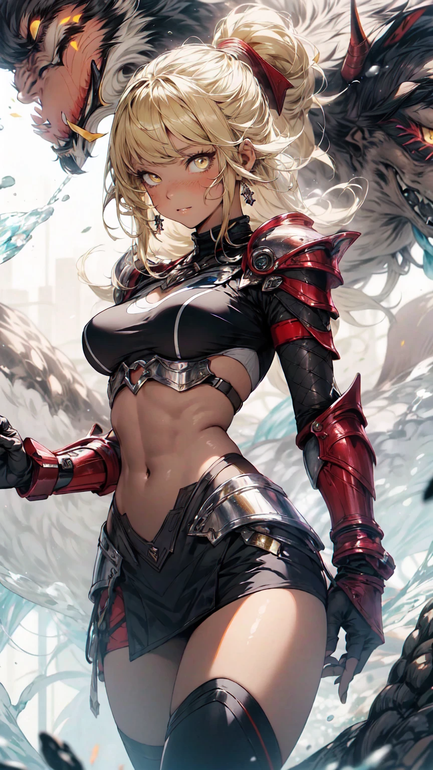 Be realistic，（masterpiece，Highest quality，Highest quality，Very detailed，Fractal Art，Most detailed，（The background is abstract：1.5）（1 Girl），Kamimei，（Yellow hair ponytail），（Yellow eyes shine、Big Breasts、Toned Abs，Stunned)，crystallization，Swimsuit、High leg、Sexy、Machine Armor、Sunburned skin、Berserk、Demon Horn、mini skirt、Large scratches