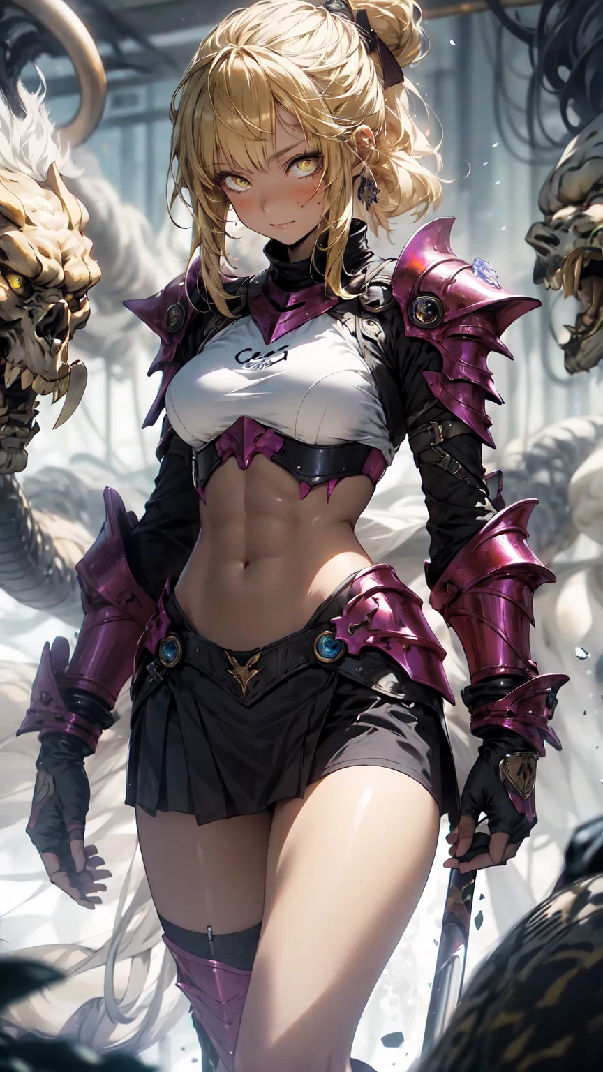 Be realistic,(masterpiece,Highest quality,Highest quality,Very detailed,Fractal Art,Most detailed,(The background is abstract:1.5)(1 Girl),Kamimei,(Yellow hair ponytail),(Yellow eyes shine、Big Breasts、Toned Abs,Stunned),crystallization,Swimsuit、High leg、Sexy、Machine Armor、Sunburned skin、Berserk、Demon Horn、mini skirt、Large scratches