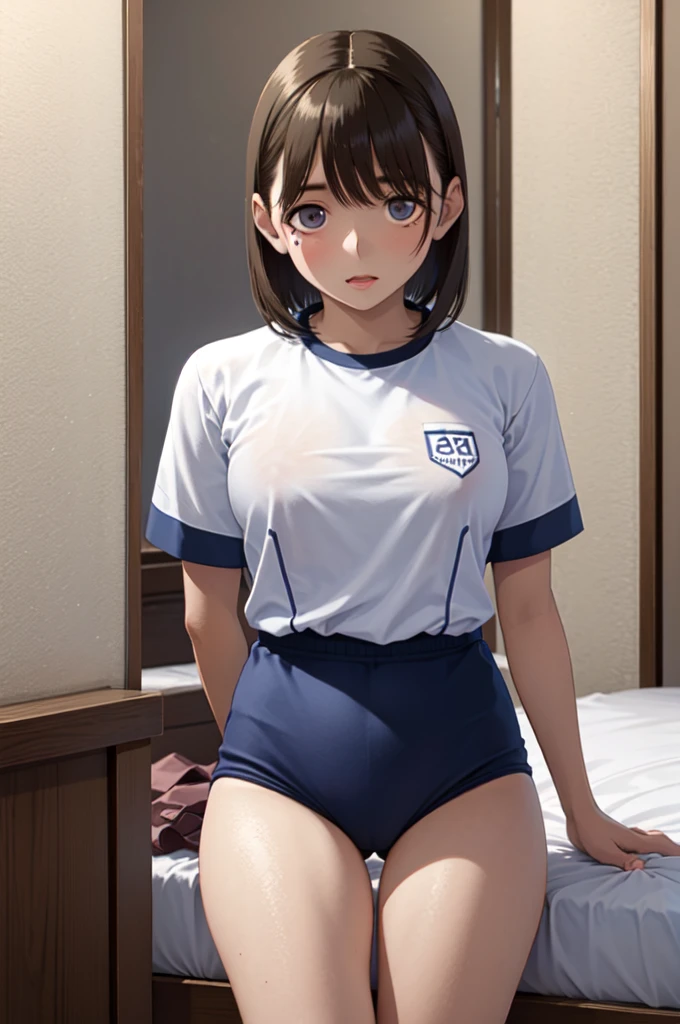 (masterpiece, best quality, very aesthetic, ultra detailed), intricate details, 4k,aanene, short hair,(buruma:1.2),gym uniform,white shirt,cowboy shot, bed room,ahegao,(nsfw:1.2),