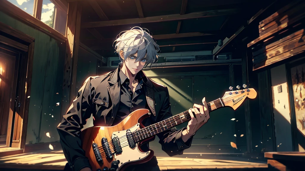 "best quality , High quality , The best details ,Portrait of a passionate guitarist,father, in the bedroom,A place where sunlight shines through , Create a play of light and shadow.. Guitarist holding a wooden guitar, inside the room, striking black shirt. Mesmerizing performance moments, Musicians immerse themselves in music.,beautiful sky,a young man,short hairstyle, blue eyes, handsome, father,Wear a wedding ring on the finger,wife,White-haired woman, blue eyes"