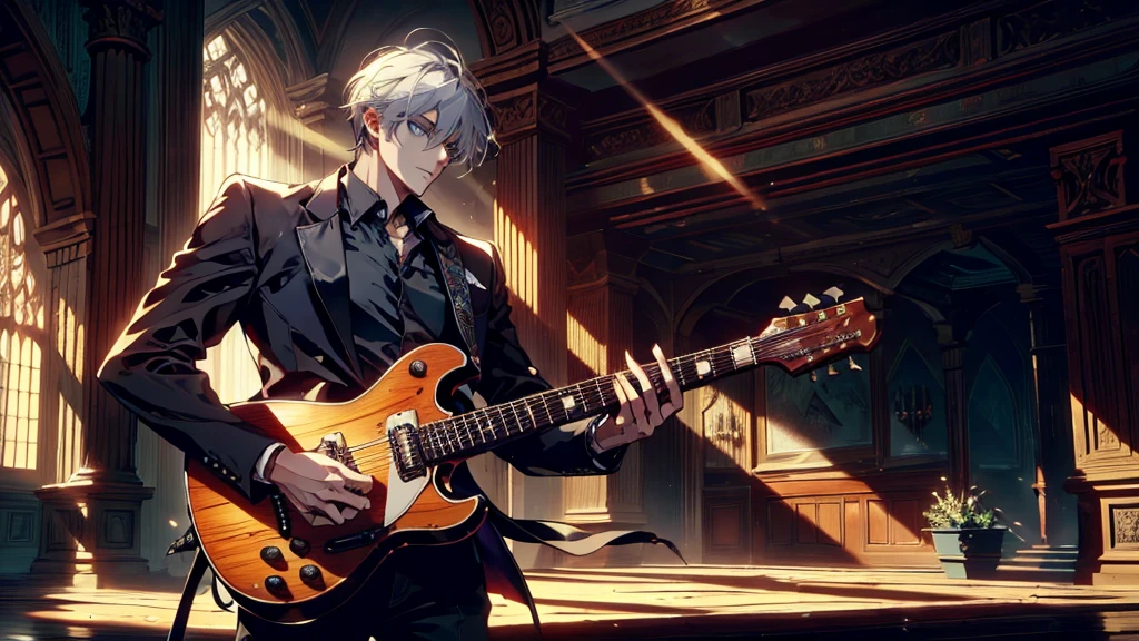 "best quality , High quality , The best details ,Portrait of a passionate guitarist,father, in the bedroom,A place where sunlight shines through , Create a play of light and shadow.. Guitarist holding a wooden guitar, inside the room, striking black shirt. Mesmerizing performance moments, Musicians immerse themselves in music.,beautiful sky,a young man,short hairstyle, blue eyes, handsome, father,Wear a wedding ring on the finger,wife,White-haired woman, blue eyes"
