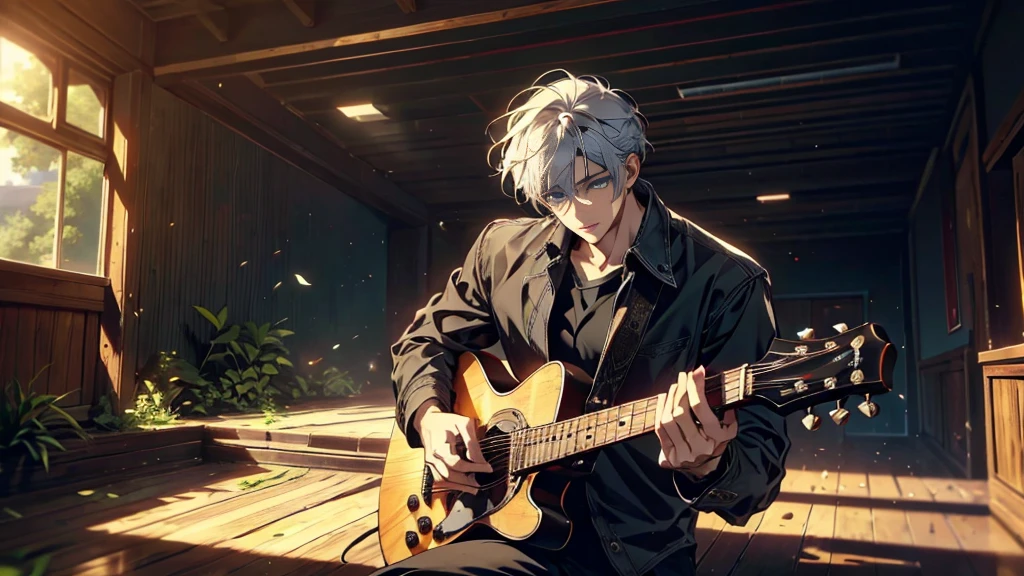 "best quality , High quality , The best details ,Portrait of a passionate guitarist,father, in the bedroom,A place where sunlight shines through , Create a play of light and shadow.. Guitarist holding a wooden guitar, inside the room, striking black shirt. Mesmerizing performance moments, Musicians immerse themselves in music.,beautiful sky,a young man,short hairstyle, blue eyes, handsome, father,Wear a wedding ring on the finger,wife,White-haired woman, blue eyes"