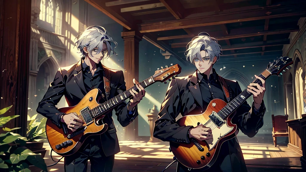 "best quality , High quality , The best details ,Portrait of a passionate guitarist,father, in the bedroom,A place where sunlight shines through , Create a play of light and shadow.. Guitarist holding a wooden guitar, inside the room, striking black shirt. Mesmerizing performance moments, Musicians immerse themselves in music.,beautiful sky,a young man,short hairstyle, blue eyes, handsome, father,Wear a wedding ring on the finger,wife,White-haired woman, blue eyes"