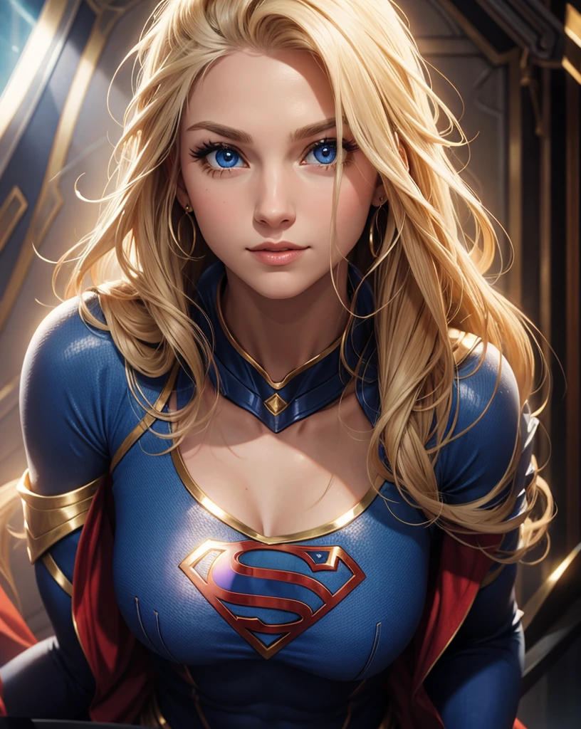 The character Supergirl, extremely beautiful face, extremely blond hair, beautiful anatomy, perfect costume. 
