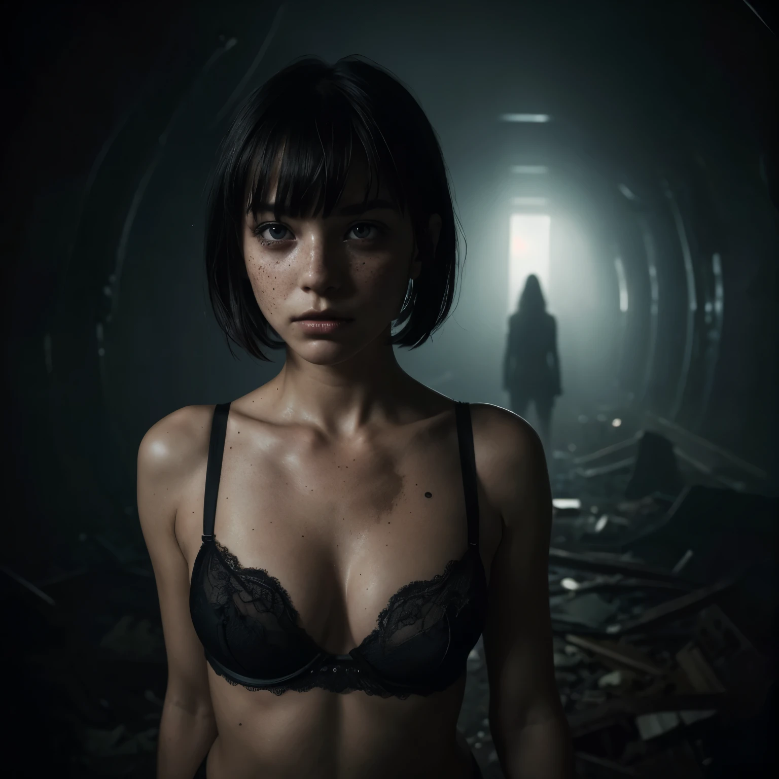(Best Quality,hight resolution,Masterpiece, half body shot:1.2),Ultra-detailed,woman dressed in black bra and thong,sickly,standing in a big abandoned cave, she's wearing very sexy lingerie, high waisted thong, horror sci-fi, perfect body, cold atmosphere, sci fi aesthetic, fishnet stockings and lingerie, centered subject,gloomy ecstasy,fetish,dark gloomy atmosphere, creepy atmosphere, gritty texture,Retro-atmosphere,warped reality,melancholic expression on his face,mysterious aura,foggy atmosphere,foggy background,Subtle color palette,provocative pose,Strong emotions,Coming Out of the Depths of Despair,Piercing gaze,intense shadows,Plunged in Darkness,dark industrial aesthetic,ominous vibe,A supernatural sensation,Loss of Place in Time and Space,Eerie silence.asymmetrical bangs, freckles, black short hair, Bangs, freckles, gray eyes,