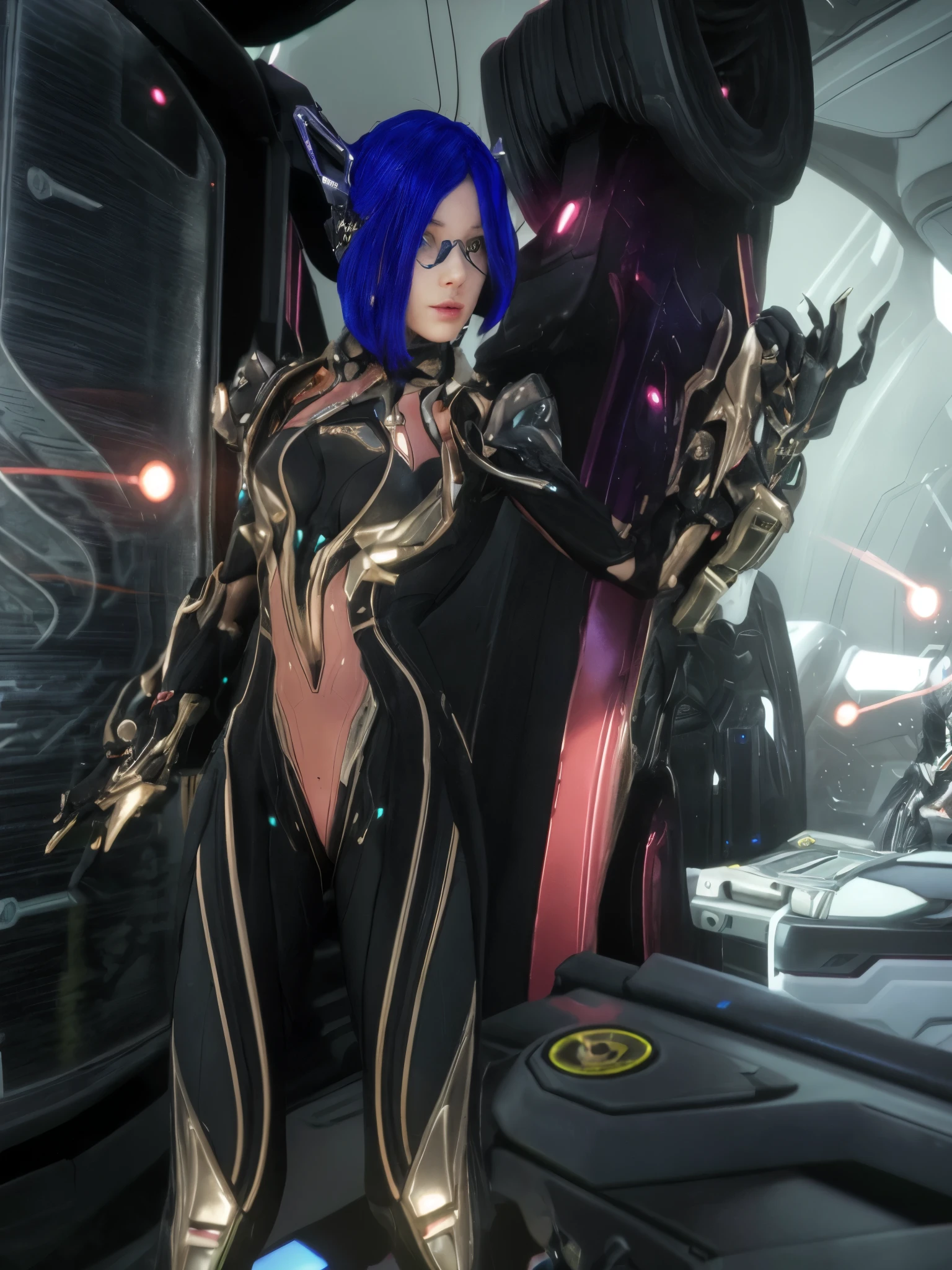 there is a woman in a futuristic suit in a spaceship, of a beautiful female warframe, de um lindo warframe saryn, sharp silver armor fuchsia skin, sigma female, thick, smooth warframe thighs, detailed warframe, 4k ray tracing, 4k ray tracing, dressed in cybernetic armor, Exoskeleton Armor, cyborg goddess in cosmos