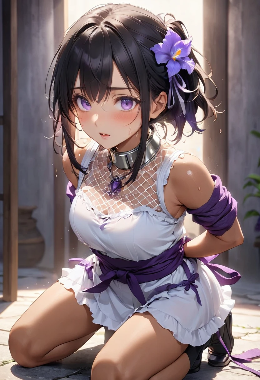 ((Straight black hair, (((Brown Skin))), ((Latin)), (((Purple Iris, Delicate eyes))), Delicate face))、((((Sweating with aphrodisiac)))、((((The aphrodisiac circulates throughout the body))))、(((On the brink of climax)))、Sweat shows through the skin)、White mesh top、Torn mesh、Mesh bottom、(((capture、Bound Ninja、ロープによるConstraints、Constraints、Kneel、Hands tied behind back、Silver Collar)))