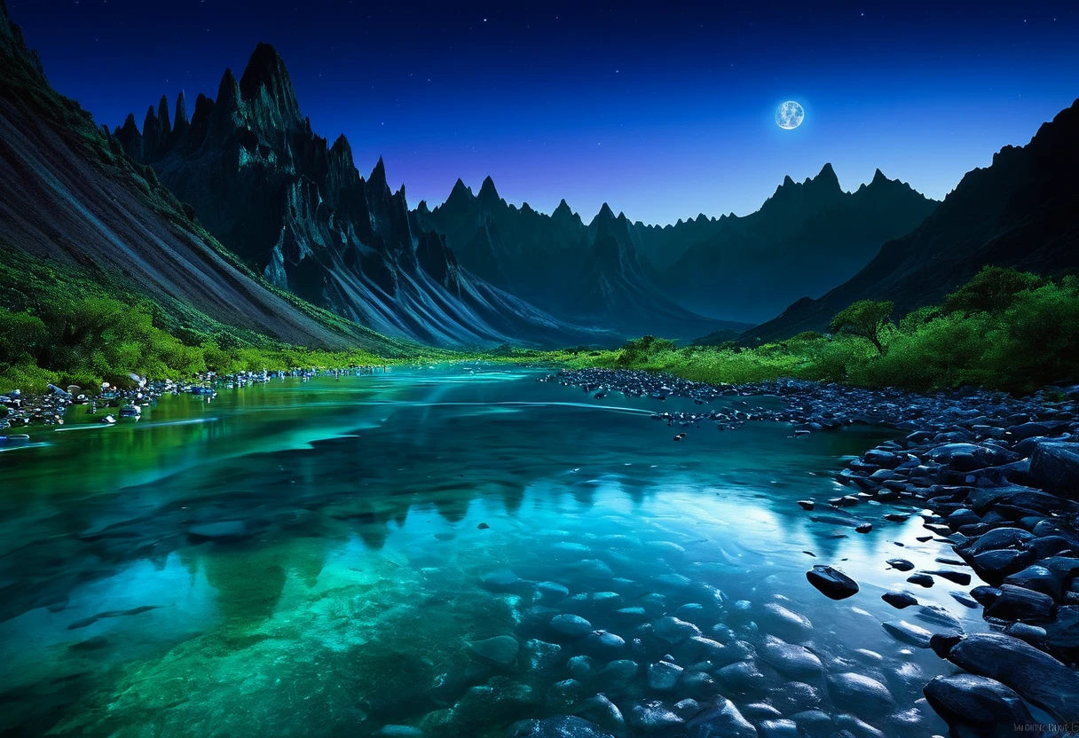 Generate a breathtaking and unique landscape photo using SDXL. The scene should depict a surreal and otherworldly environment where towering, jagged mountains are covered in bioluminescent vegetation that glows in shades of blue and green. A crystalline river winds its way through the valley, its water shimmering with iridescent hues under the light of a large, luminescent moon hanging low in the sky. The sky is filled with vibrant, swirling colors of a twilight that blends purples, pinks,