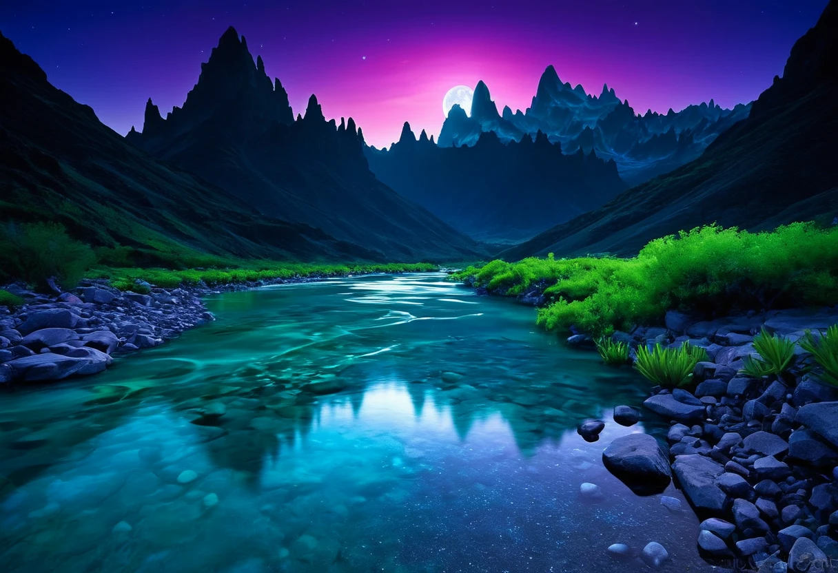 Generate a breathtaking and unique landscape photo using SDXL. The scene should depict a surreal and otherworldly environment where towering, jagged mountains are covered in bioluminescent vegetation that glows in shades of blue and green. A crystalline river winds its way through the valley, its water shimmering with iridescent hues under the light of a large, luminescent moon hanging low in the sky. The sky is filled with vibrant, swirling colors of a twilight that blends purples, pinks,