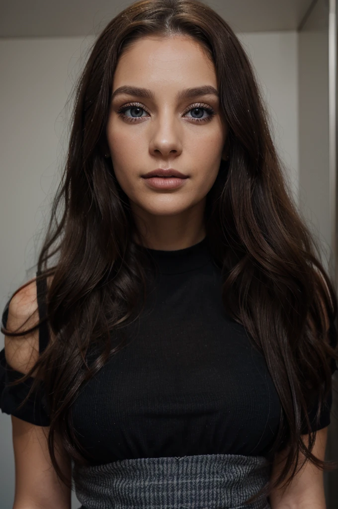 29 year old woman, long brown slightly curly hair, blue eye, visage parfait, professional makeup like model, C et portant un haut noir