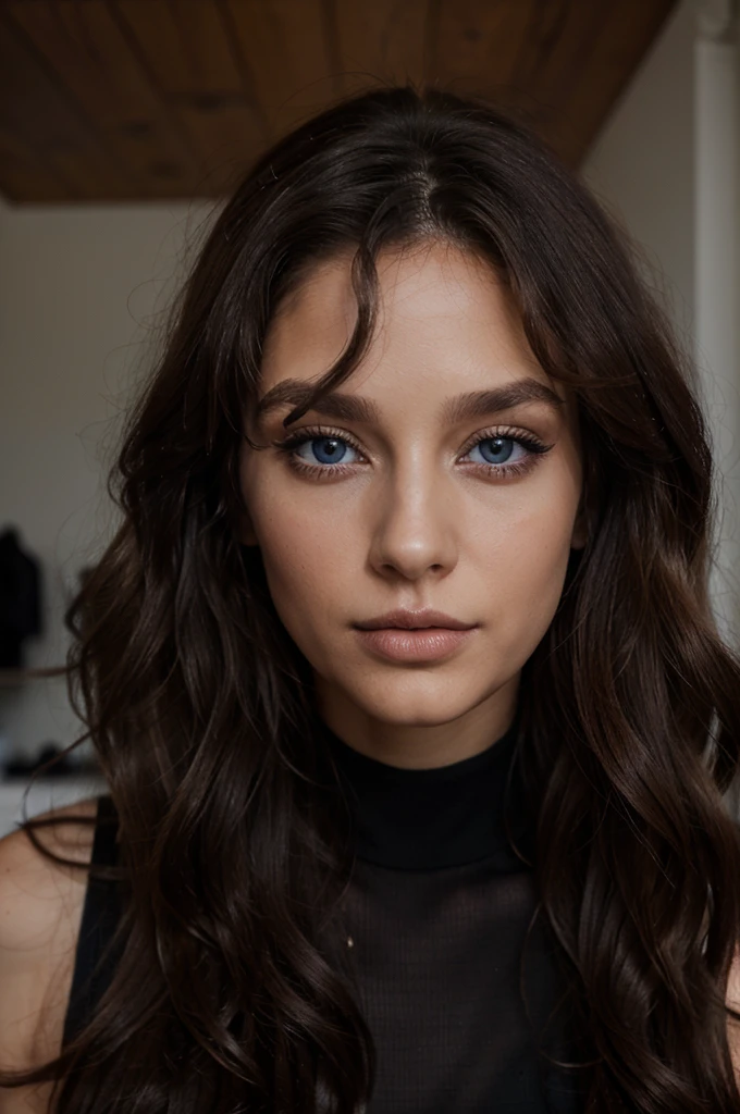 29 year old woman, long brown slightly curly hair, blue eye, visage parfait, professional makeup like model,  C et portant un haut noir