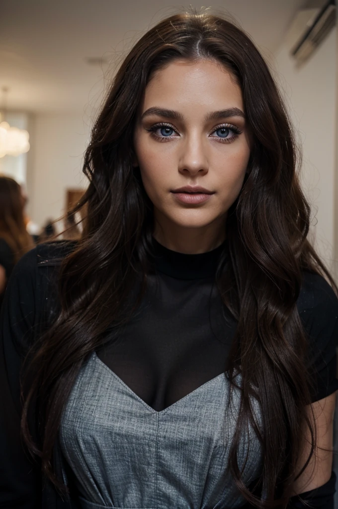 29 year old woman, long brown slightly curly hair, blue eye, visage parfait, professional makeup like model, C et portant un haut noir