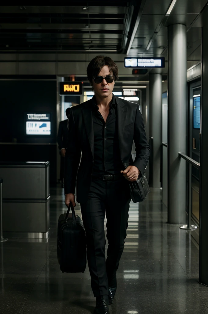 Damon Salvatore, as Bruce Wayne, walks through the terminal of Gotham City Airport. He carries a sleek leather briefcase in one hand, his other hand in his pocket. His dark sunglasses add to his enigmatic aura. Passengers and airport staff turn to look at him, recognizing the billionaire, as he strides confidently through the terminal.

