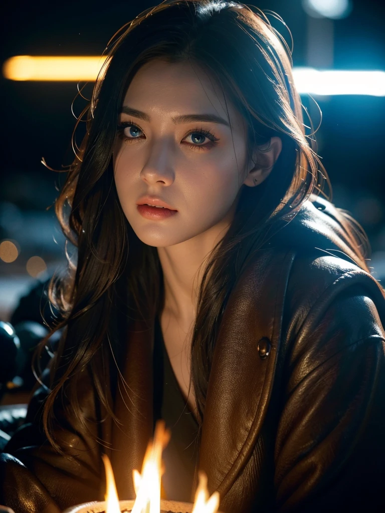 a woman with severe injuries sitting near a campfire in a destroyed snowy cityscape, beautiful detailed eyes, beautiful detailed lips, extremely detailed eyes and face, long eyelashes, beautiful female portrait, trending on artstation, 8k, best quality, ultra-detailed, realistic, photorealistic, HDR, UHD, studio lighting, ultra-fine painting, sharp focus, physically-based rendering, extreme detail description, professional, vivid colors, bokeh, cinematic lighting, dramatic, moody, dark, somber